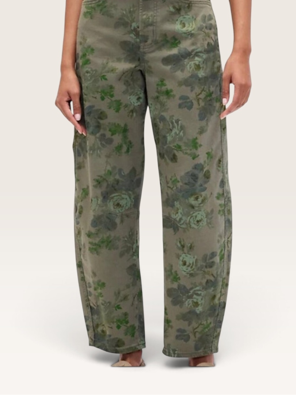 GAP Denim High Rise Barrel Jeans Olive Green Floral Print NWT 00/24R